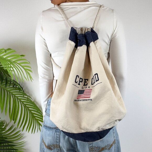 Vintage Beige Boho Cape Cod MA Beachy Coastal Chic Drawstring Sack Backpack - Picture 2 of 8